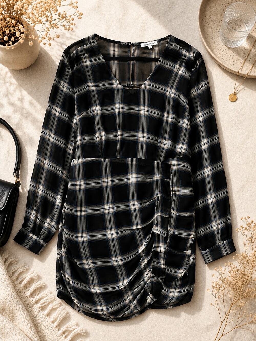 Heartloom Women's Plaid Faux Wrap Mini Dress Long Sleeve Black Academia Size L